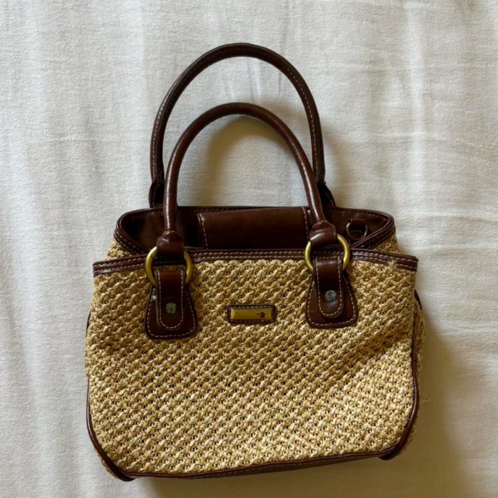 Brown and Tan Satchel with Structured Shape and Woven Material